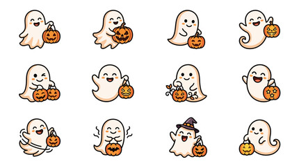 Fototapeta premium Elegant Halloween Themed Ghost Characters Holding Colorful Mini Pumpkins and Jack O Lanterns in Whimsical Style