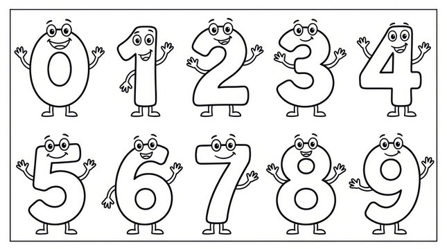 Cute cartoon numbers zero to nine coloring page isolated on white background