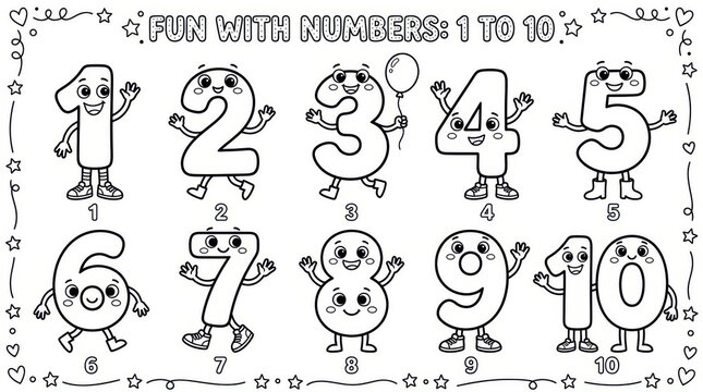 Fun with numbers 1 to 10 coloring page for children featuring cute anthropomorphic number characters, isolated on white background