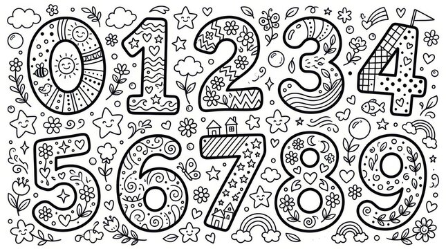 Decorative coloring page featuring numbers zero through nine with whimsical patterns isolated on white background