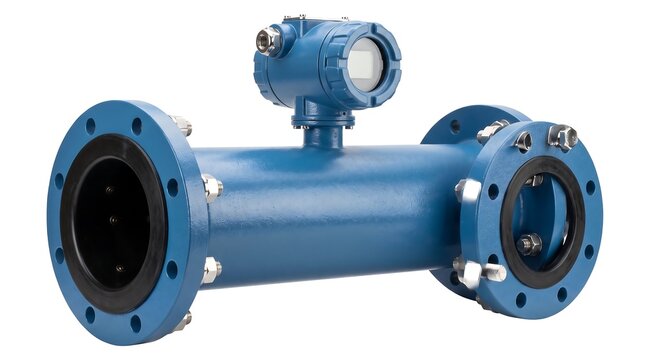 Industrial Electromagnetic Magmeter Flow Meter Sensor for Fluid Measurement Isolated on White Background with Copy Space/ Electromagnetic Flow Meter Magmeter Sensor Isolated