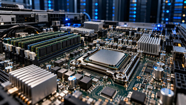 Close-up of a high-end computer CPU processor installed on a motherboard socket with RAM