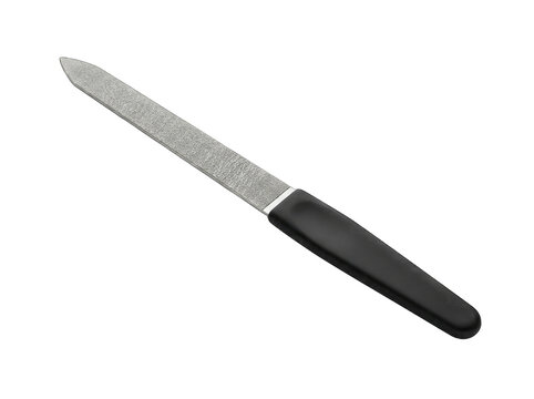 Professional metal nail file with a black handle for manicure care isolated on transparent background
