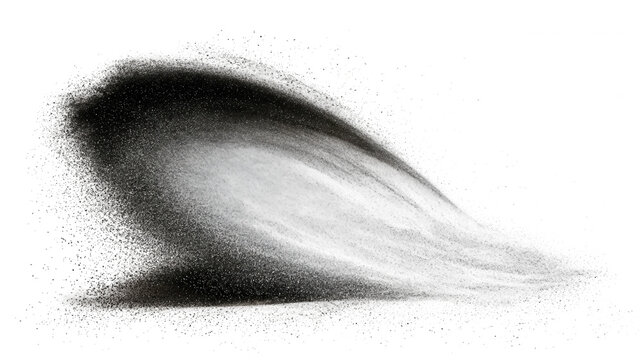 Black dust cloud explosion isolated with particles spreads horizontally on transparent background