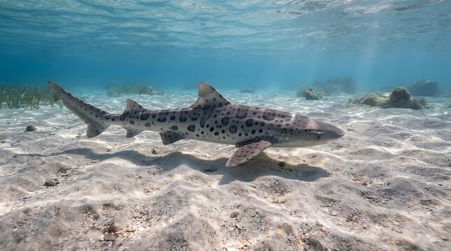 A leopard shark with distinctive spotted patterns glides gracefully over a sandy ocean floor in clear, shallow water, illuminated by sunlight.