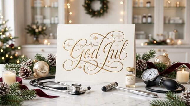 Luxury Swedish Christmas Greeting Card God Jul with Golden Calligraphy, Medical Instruments and Elegant Festive Decorations