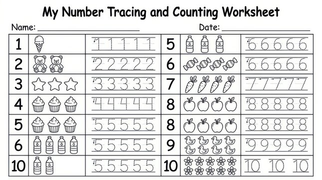 Educational number tracing and counting worksheet for children