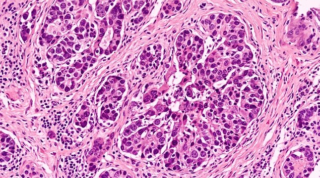 View in microscopic of pathology cross section tissue ductal cell carcinoma or adenocarcinoma diagnosis by pathologist in laboratory.H and E stain.Criteria of breast cancer.Medical concept.