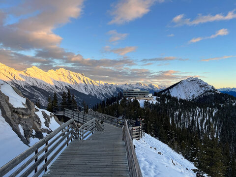 Scenic Wooden Boardwalk at Banff Gondola Summit on Sulphur Mountain Alberta
