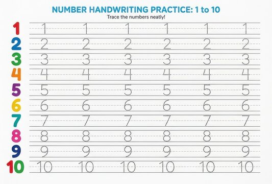 Number handwriting practice worksheet for children to trace numbers one through ten on lined paper