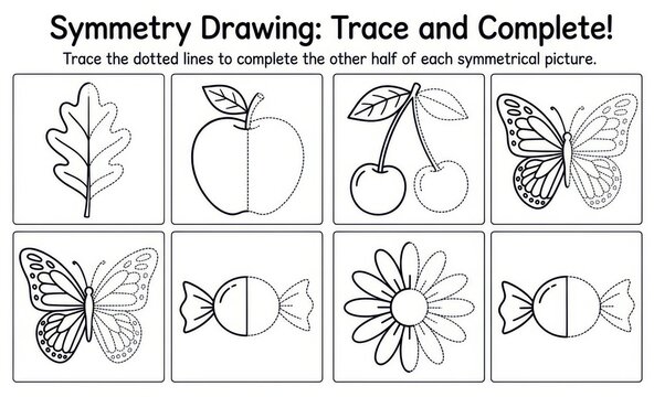 Symmetry drawing worksheet for children to trace and complete symmetrical images of nature and objects
