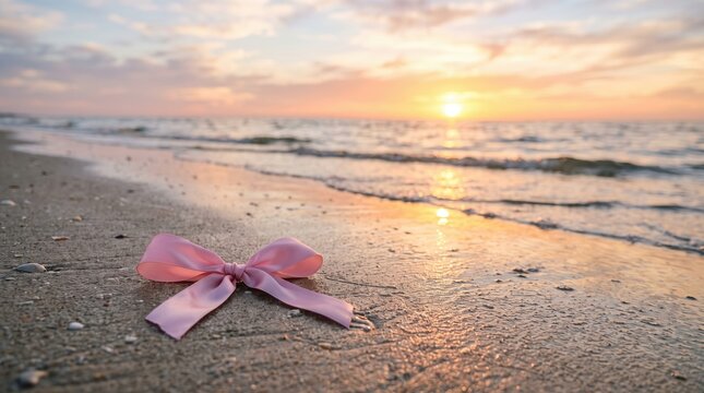 A pink breast cancer awareness ribbon resting on the sandy beach during a beautiful golden sunset with ocean waves in the background