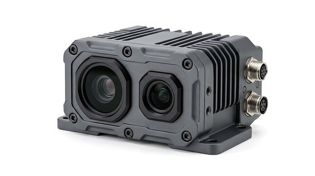 Die Cast Aluminum Industrial 3D ToF Camera with M12 Connectors Isolated on White Background with Copy Space /Industrial ToF 3D Depth Camera Sensor Isolated