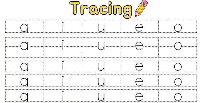 Tracing worksheet for children featuring lowercase vowels a, i, u, e, o