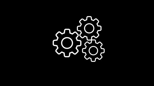 Animated White Gear Cog Icon Loop on Chroma Key Black Screen Background, Mechanical Engine Settings System Process Graphic Element for Technology, Engineering, Machine, Industrial Motion Design