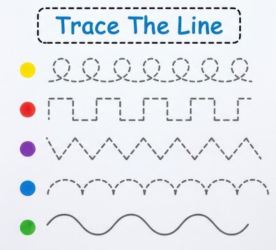 Trace the line worksheet for kids with colorful dots isolated on white background
