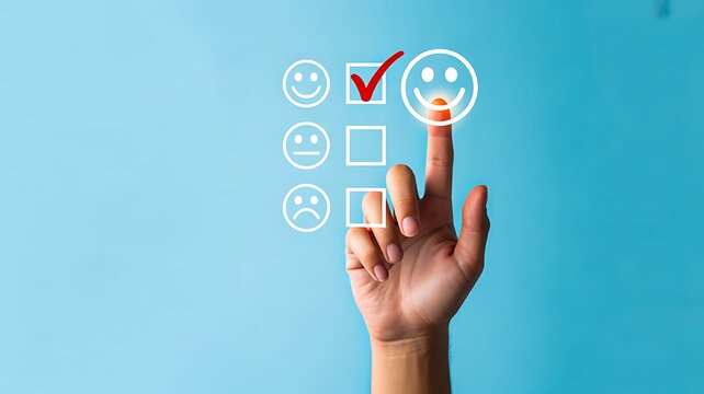 Customer satisfaction survey with hand selecting positive rating on digital interface