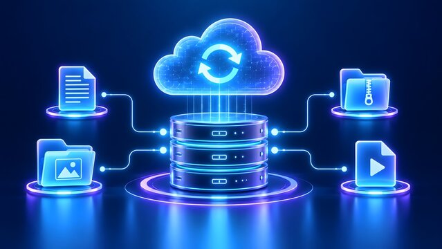 Cloud database server with synchronization arrows connected to document, image gallery, compressed zip archive, and video media file icons on dark background