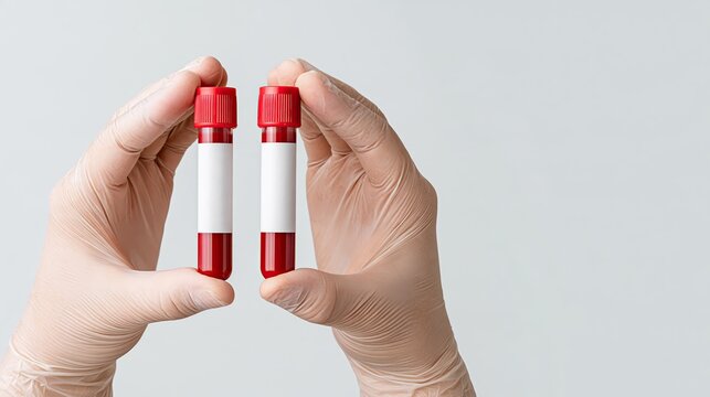Medical worker in disposable gloves holding two blood test tubes with blank labels, lab analysis concept for healthcare design