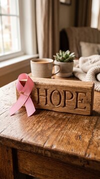 Pink Ribbon Symbolizing Hope Against Breast Cancer Awareness On Wood Blocks