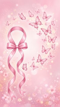 pink ribbon and butterflies, Breast Cancer Awareness Month, banner and wallpaper with copy space