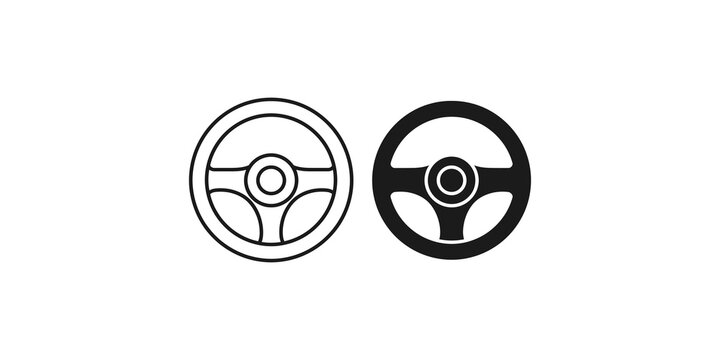 Car steering wheel icons in outline and black silhouette styles for vehicle control.