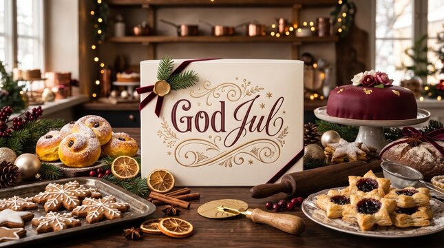 Luxury Swedish Christmas Greeting Card God Jul with Artisan Pastries, Festive Bakery Decorations and Elegant Burgundy Gold Lettering