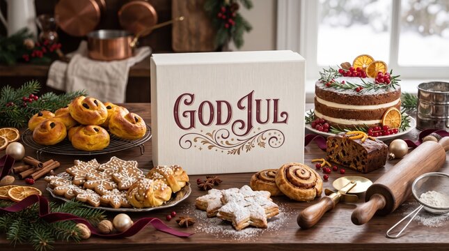 Luxury Swedish Christmas Greeting Card God Jul with Artisan Pastries, Festive Bakery Decorations and Elegant Burgundy Gold Lettering