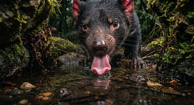 Close-up ground-level view of a Tasmanian devil drinking from a shallow stream in a mossy forest