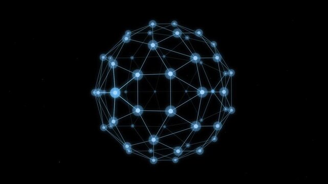 3D Rotating Digital Network Sphere Glowing Blue Nodes Motion Graphic Loop