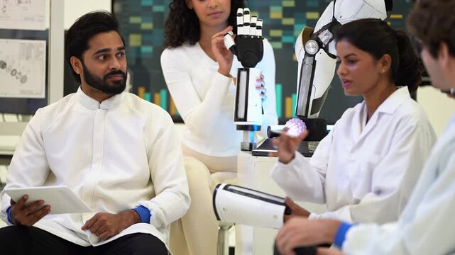 Curly-haired woman leans in with a pen toward a bionic hand as the seated bearded engineer and a smiling Indian colleague discuss the prototype, robotics R and D