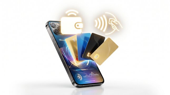 Contactless mobile payment with digital wallet on smartphone, credit cards floating above smartphone screen, wireless NFC banking technology