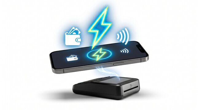 Wireless charging smartphone floating over charger pad, glowing blue neon energy bolt, contactless payment concept