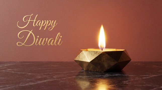 Modern brass wireframe oil lamp with Happy Diwali text on dark marble background