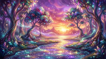 Obraz premium Mystical forest glows with violet and gold light. Trees twist upward, draped in luminescent leaves. River reflects the sky's radiant hues. Faint sparkles drift across the water's surface