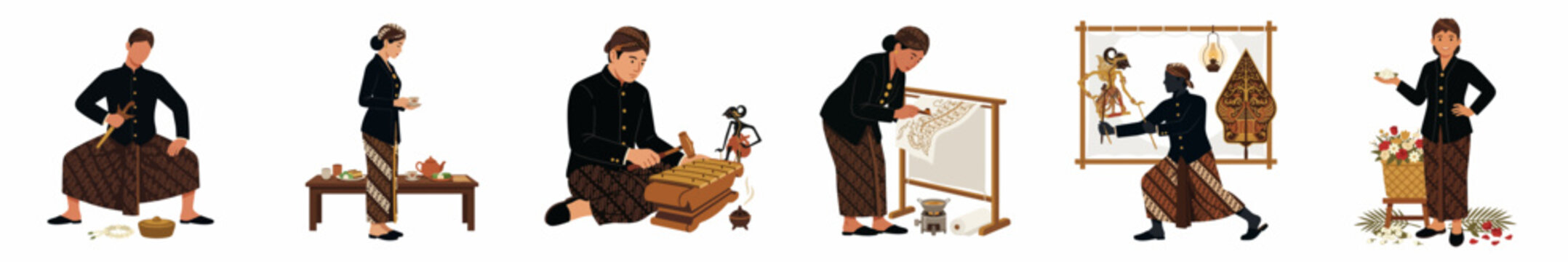 Set of illustrations depicting traditional Javanese cultural activities including batik making, wayang kulit puppetry, and gamelan playing on a white background.