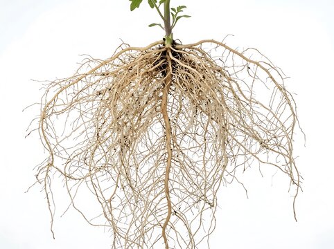 Plant root system with soil and small shoot