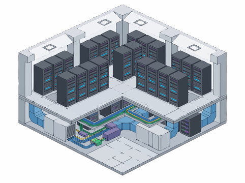 Datacenter building cross section showing multiple server rooms and complex underground cooling pipelines in a multi story layout.
