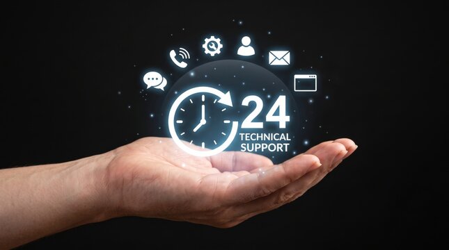 Hand holding glowing 24-hour clock icon with technical support symbols for customer service, assistance and IT help.