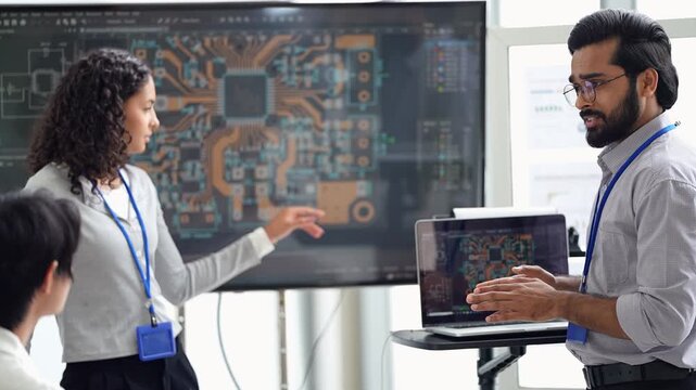 Curly-haired female engineer and bearded colleague point at a circuit board design on a large screen while an Asian coworker watches, in a candid moment, an agentic AI and automation concept