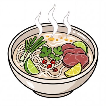 2D Cartoon Illustration of a Macro Steaming Pho Noodle Soup Bowl