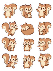 Obraz premium Brown squirrel characters showing various emotions in a cute flat vector illustration collection designed for children and playful graphic projects