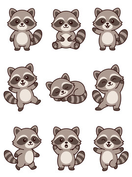Cute cartoon raccoon vector illustration set featuring various poses such as sleeping, waving, standing, and jumping with flat clean design