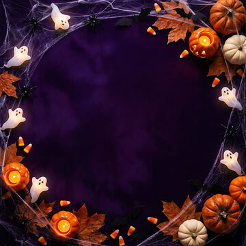 Dark purple halloween border frame with glowing ghost lights pumpkins and cobweb overlay