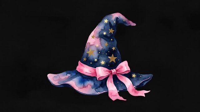 Animated watercolor witch hat with glowing stars and pink bow on black