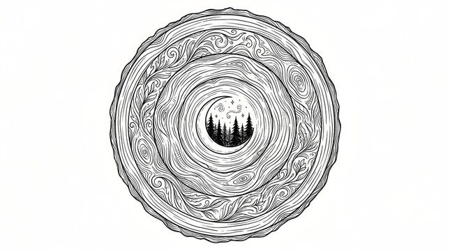 Artistic wood cross-section with detailed pattern and forest scene in the center