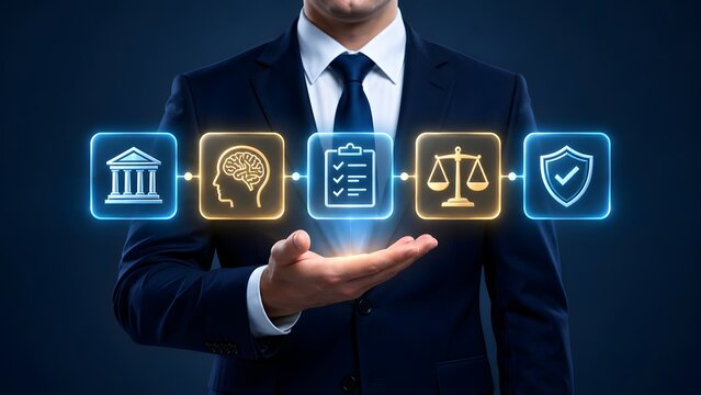 Businessman presenting glowing holographic icons for governance, AI brain, compliance checklist, justice scales, and security shield