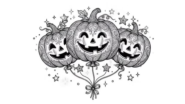 Floating carved pumpkin balloons with decorative patterns in animation