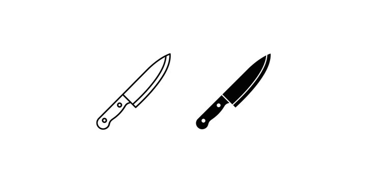 Kitchen chef knife silhouette icon set in outline and solid black style for culinary branding or vector graphic design projects.