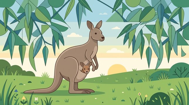mother kangaroo and cute joey in pouch